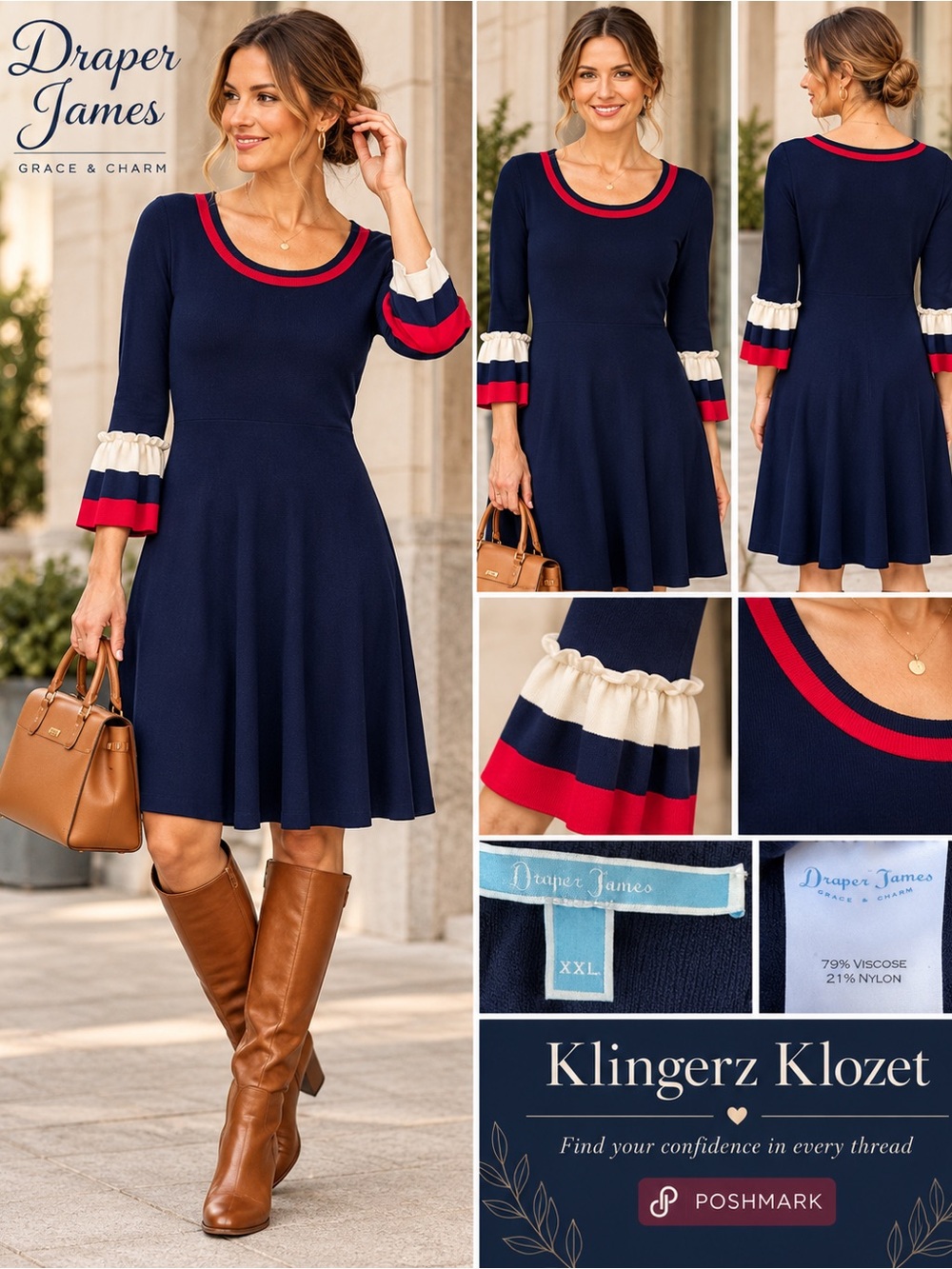 NWT Draper James Stripe Bell Sleeve Sweater Dress Navy Red XXL